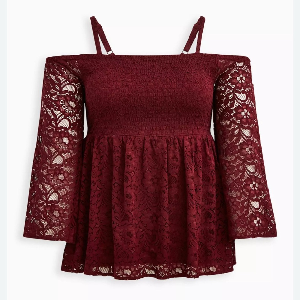 Torrid Babydoll Lace Smocked Cold Shoulder Top